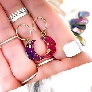 Handcrafted purple-pink & gold glitter resin crescent moon dangle drop earrings